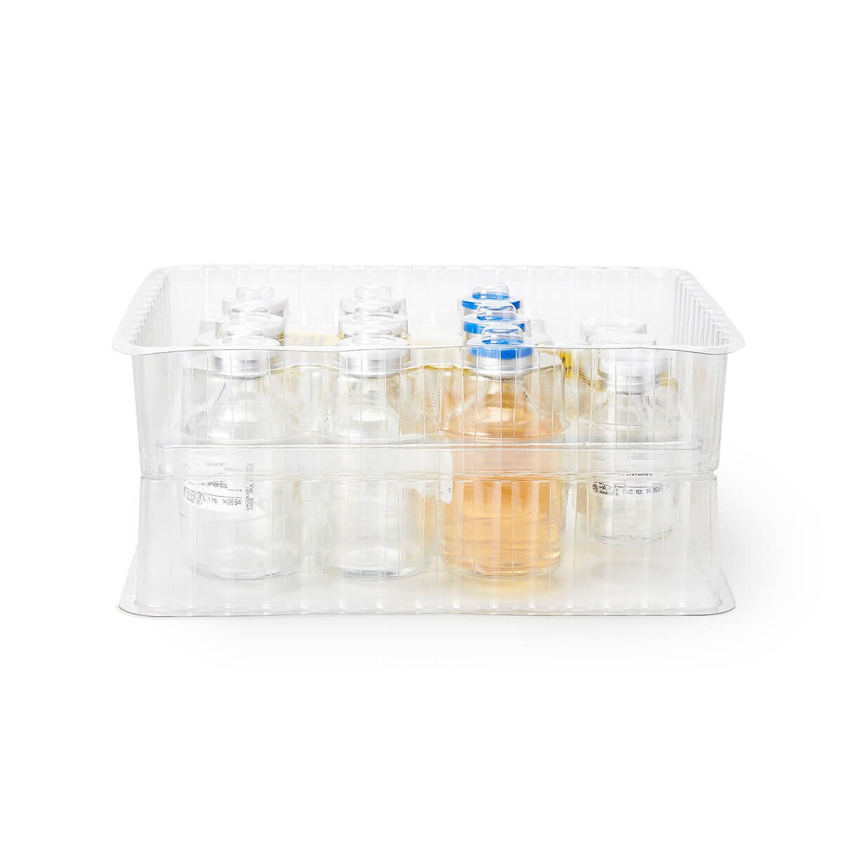 HardyVal HVM2 employee validation kit with TSB-filled and empty serum vials arranged in a clear tray
